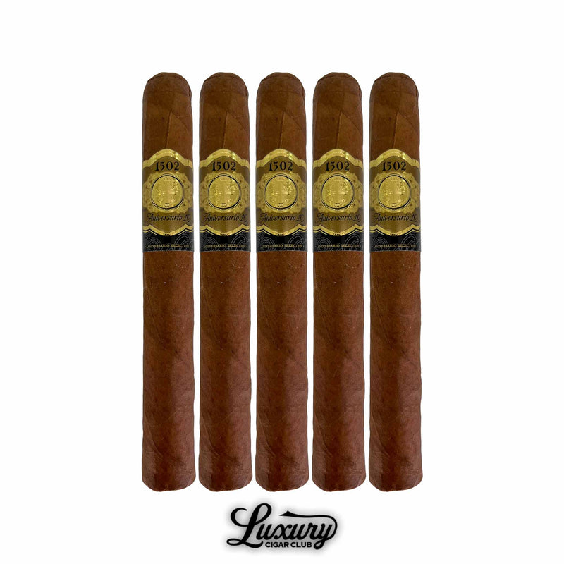 Set of five 1502 Aniversario 10 Toro cigars with gold and black bands, presented by Luxury Cigar Club.