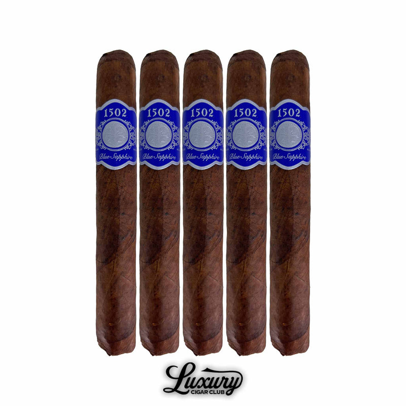 Five-pack of 1502 Blue Sapphire Toro Gordo cigars with blue and silver cigar bands from Luxury Cigar Club.