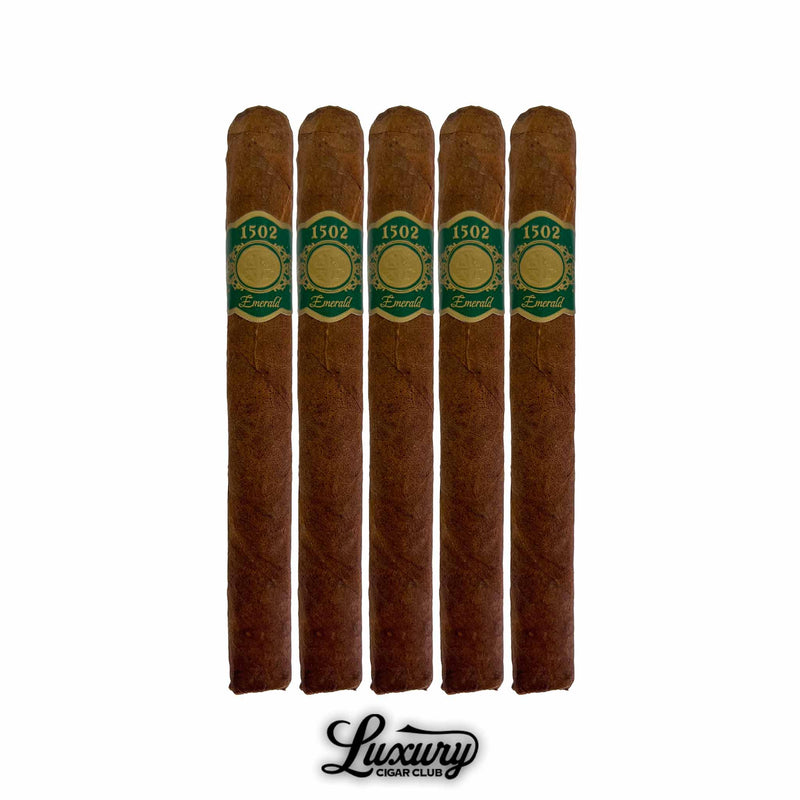 Five-pack of 1502 Emerald Corona cigars displayed in a row with green and gold branding, Luxury Cigar Club.