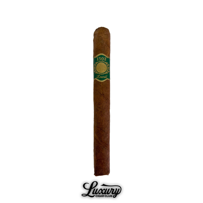 Single 1502 Emerald Corona cigar with classic green and gold band, offered by Luxury Cigar Club.