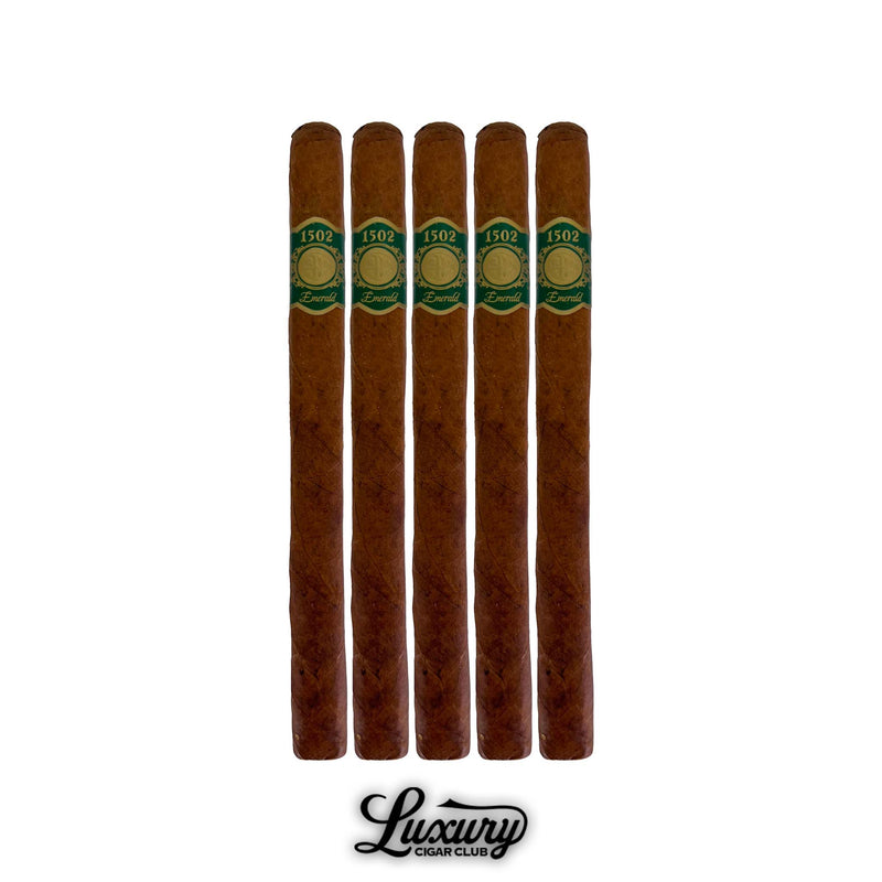 Pack of five 1502 Emerald Lancero cigars lined up side by side with green bands, Luxury Cigar Club.