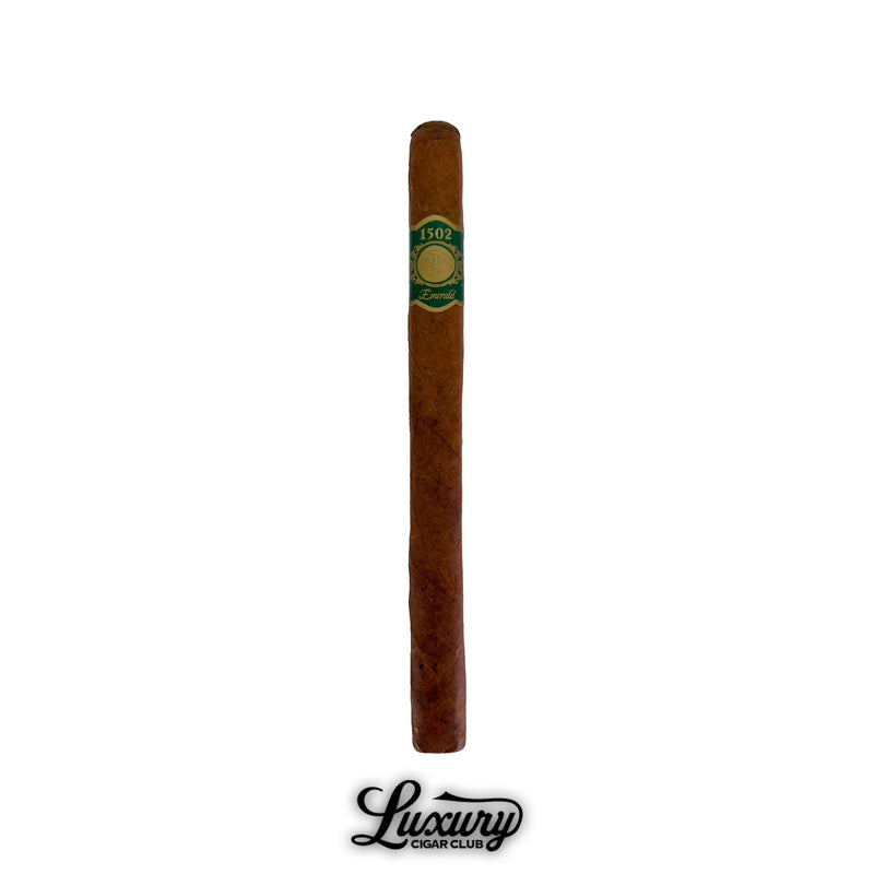 Single 1502 Emerald Lancero cigar with green and gold band on natural brown wrapper, Luxury Cigar Club.