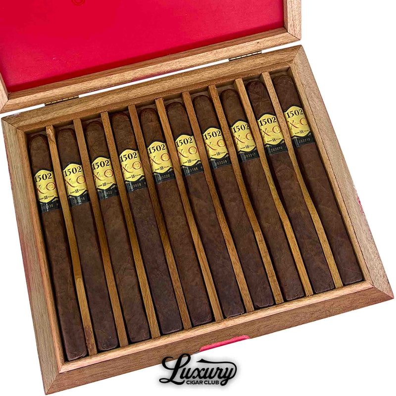 Close up of 1502 XO Churchill cigars in box showing detailed gold and black labels with 18 year aged marking
