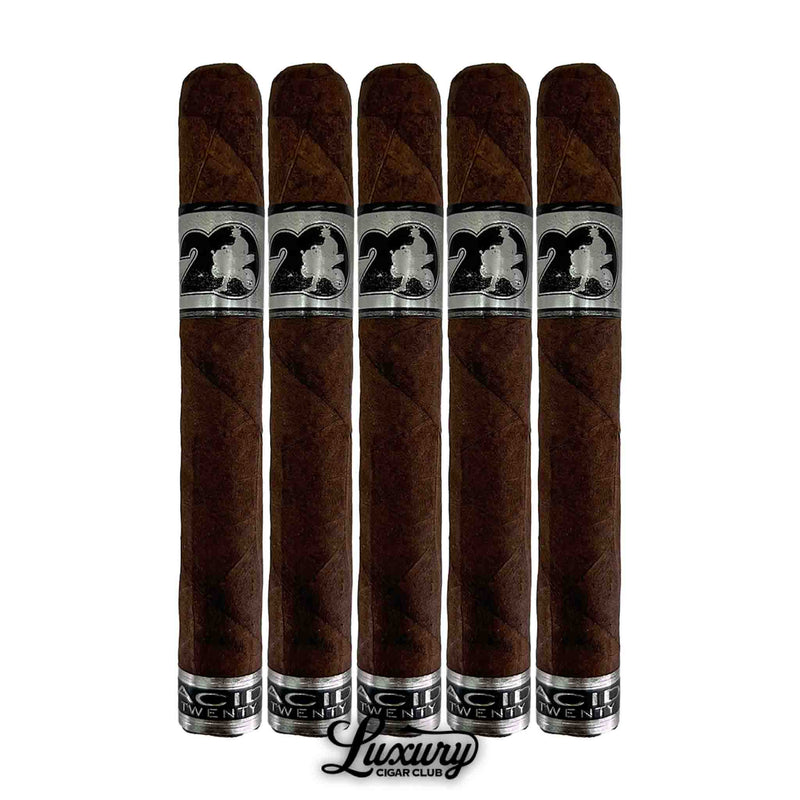Five-pack of ACID 20 Maduro Toro Cigars with dark wrappers and silver and black anniversary bands. Luxury Cigar Club logo