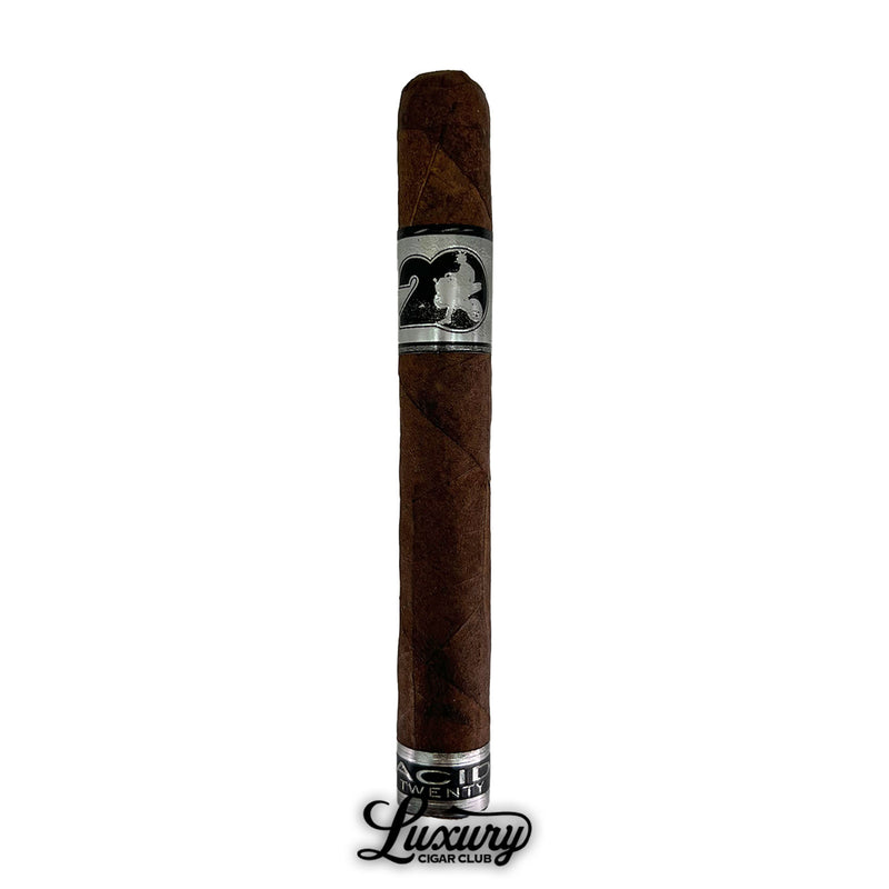 Single ACID 20 Maduro Toro Cigar with dark wrapper and silver and black 20th anniversary band. Luxury Cigar Club logo