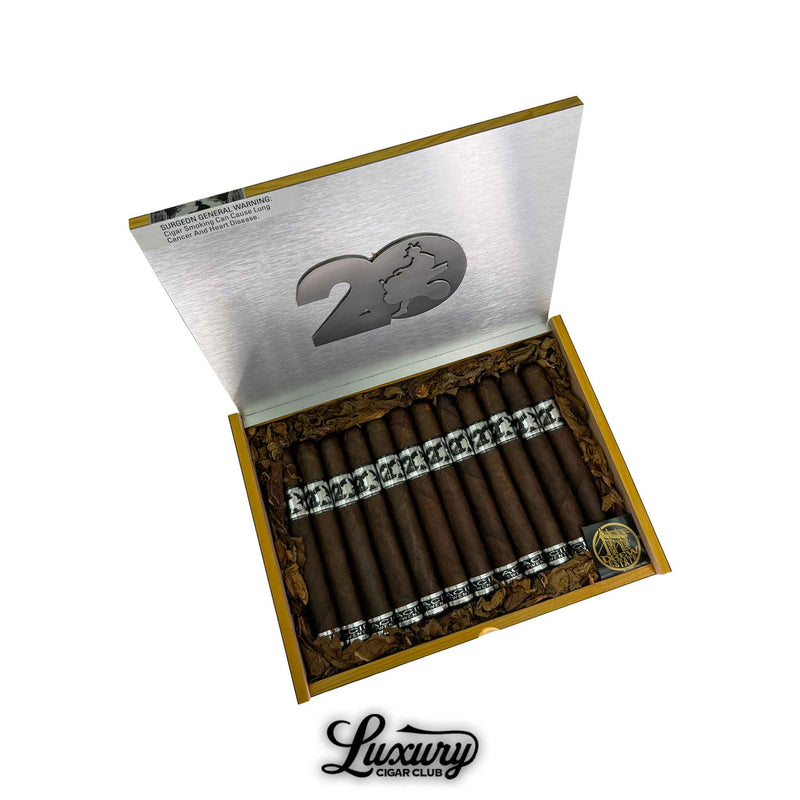 Box of ACID 20 Maduro Toro Cigars with open lid displaying cigars inside, featuring silver and black 20th anniversary branding, Luxury Cigar Club logo