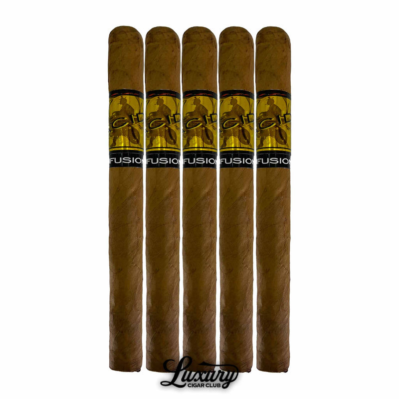 Five-pack of ACID Gold Cold Fusion cigars with Connecticut shade wrappers, gold bands, and Luxury Cigar Club logo – Drew Estate infused collection
