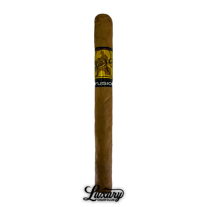 Single ACID Gold Cold Fusion cigar with Connecticut shade wrapper, gold band, and Luxury Cigar Club logo – Drew Estate