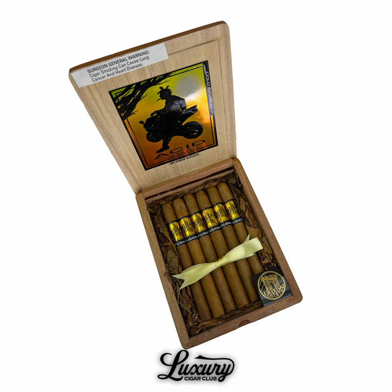 ACID Gold Cold Fusion cigars in open wooden box with yellow ribbon, golden bands, and Luxury Cigar Club logo – Drew Estate infused series
