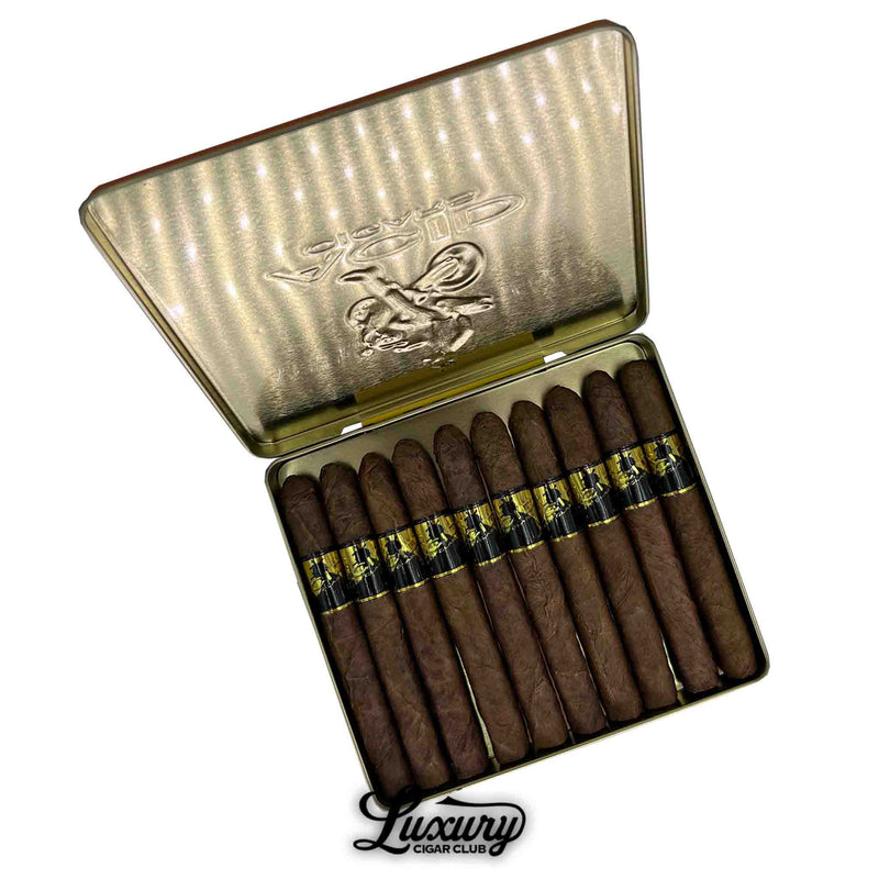 ACID Krush Gold Sumatran cigars tin open view. Open metal tin showing neatly arranged ACID Krush Classic Gold Sumatran cigars with black and gold bands.