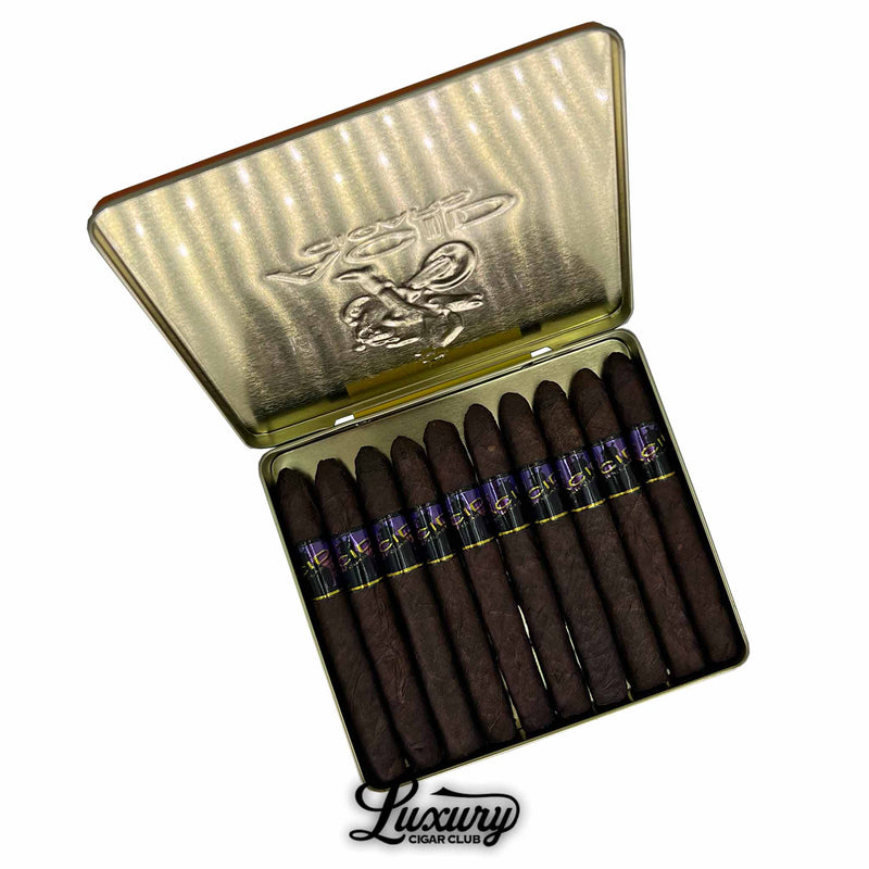 ACID Krush Morado Maduro cigars tin open view. Open metal tin containing ACID Krush Classic Morado Maduro cigars with black and purple bands.