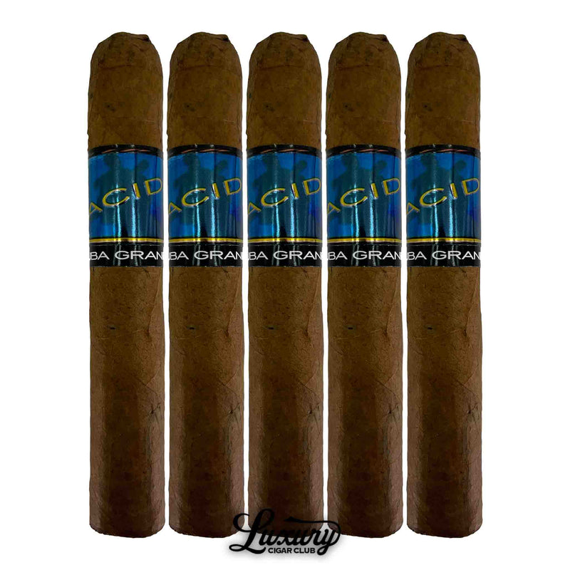 Front-facing image of a five-pack of ACID Kuba Kuba Grande cigars with blue and black bands, arranged side-by-side, featuring the Luxury Cigar Club logo.
