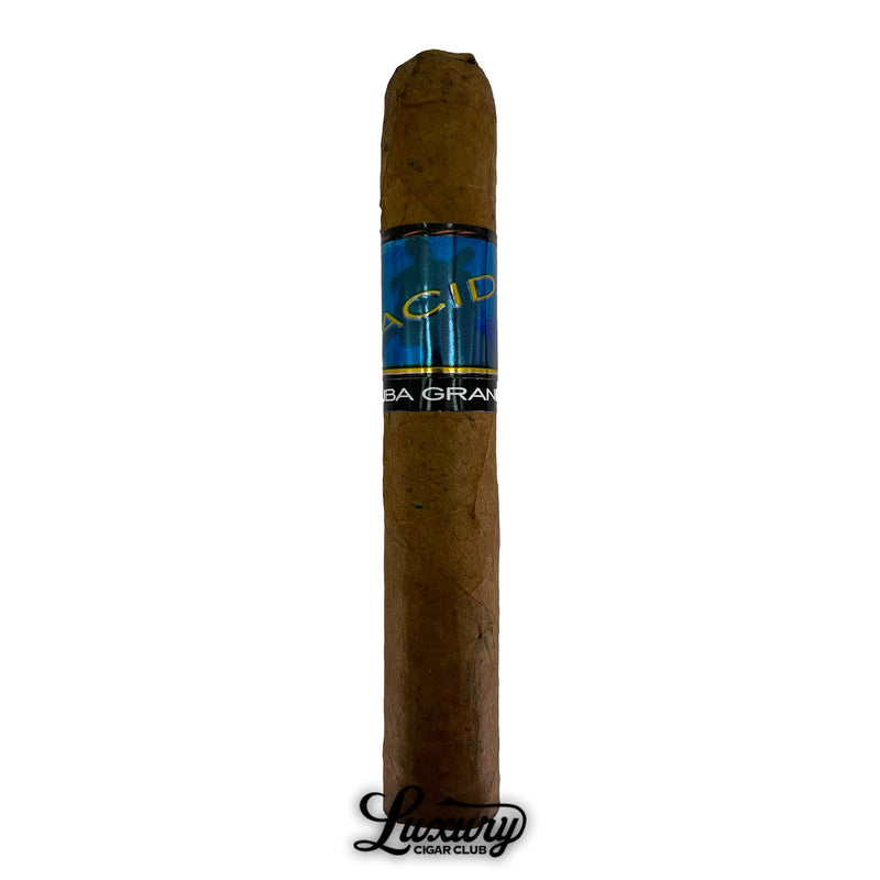 Single ACID Kuba Kuba Grande cigar with blue and black band, presented vertically against a white background, with the Luxury Cigar Club logo.