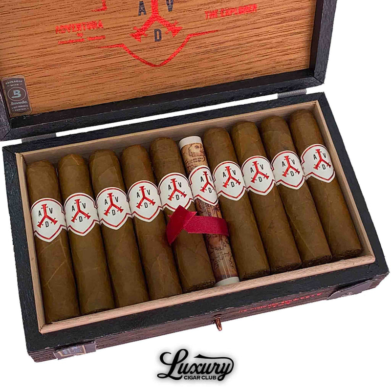 Close-up of ADVentura The Explorer Short Robusto cigars in an open box, showcasing premium hand-rolled cigars from Luxury Cigar Club.