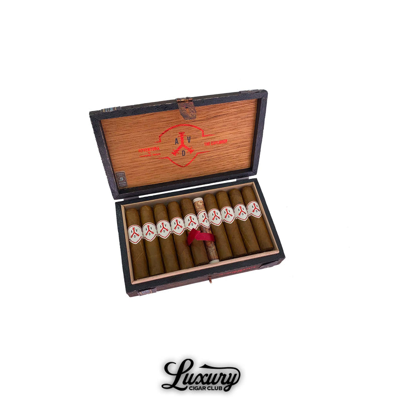 Box of ADVentura The Explorer Short Robusto cigars displayed open with premium handmade cigars from Luxury Cigar Club.