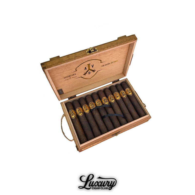ADVentura The Royal Return Kings Gold Robusto cigars displayed in an open wooden box from Luxury Cigar Club.
