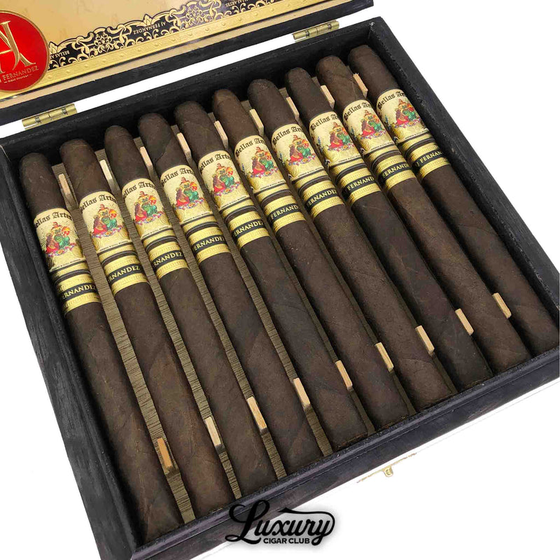 Open box of AJ Fernandez Bellas Artes Maduro Lancero cigars arranged neatly, emphasizing the craftsmanship and deep color of the maduro leaves, displayed by Luxury Cigar Club.