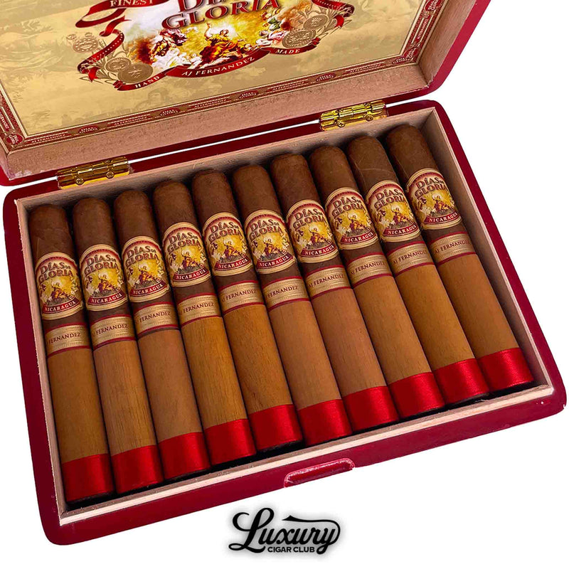  Close-up view of AJ Fernandez Dias De Gloria Gordo cigars in a vibrant red box, highlighting the rich Nicaraguan cigar bands and cedar wrapping for premium cigar enthusiasts.