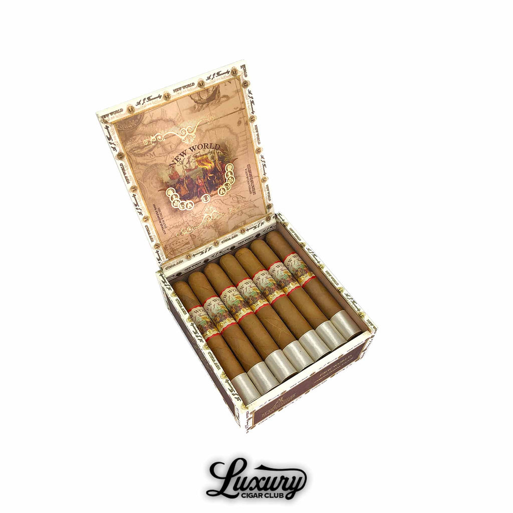 AJ Fernandez New World Connecticut Corona Gordo cigars displayed in an ornate open box with vintage artwork and golden trim, presented by Luxury Cigar Club.