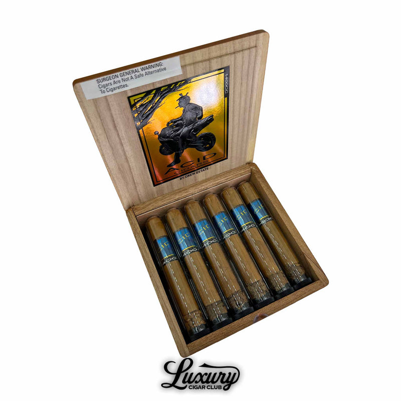 Open wooden box of Acid 1400cc Robusto Tubo cigars featuring individually tubed cigars with blue and gold bands, vibrant inner lid artwork, and Luxury Cigar Club logo below.