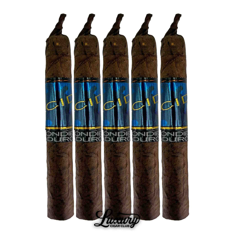 Five-pack of Acid Blue Blondie Maduro cigars with dark brown wrappers, twisted caps, and holographic blue and black bands, displayed upright with Luxury Cigar Club branding