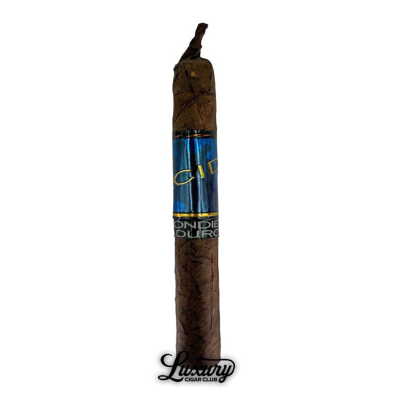 Acid Blue Blondie Maduro cigar with dark brown wrapper, twisted cap, and holographic blue and black band, Luxury Cigar Club logo
