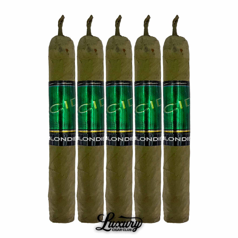 Five-pack of Acid Green Blondie Candela cigars with light green wrappers, pigtail caps, and holographic green and black bands, displayed upright with Luxury Cigar Club branding