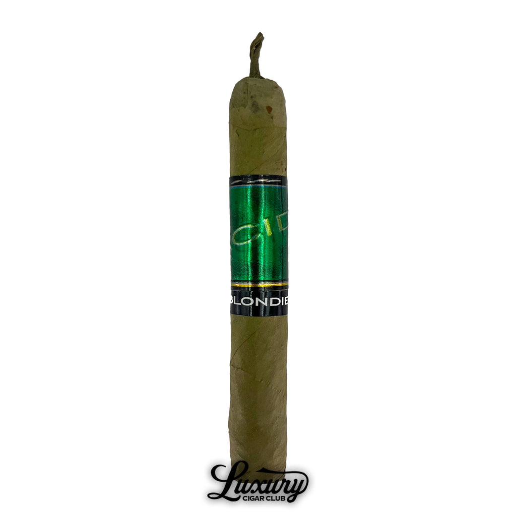 Single Acid Green Blondie Candela cigar with light green wrapper, twisted pigtail cap, and holographic green and black band, Luxury Cigar Club logo