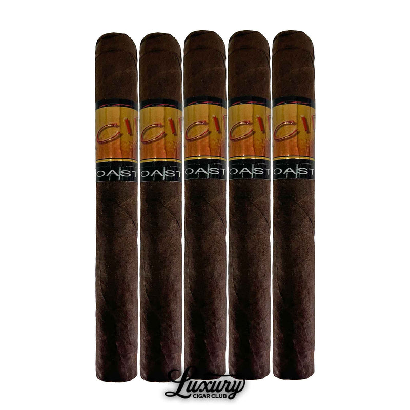 Five-pack of Acid Subculture Toast cigars with dark brown wrappers and orange-brown holographic bands, displayed upright with Luxury Cigar Club branding