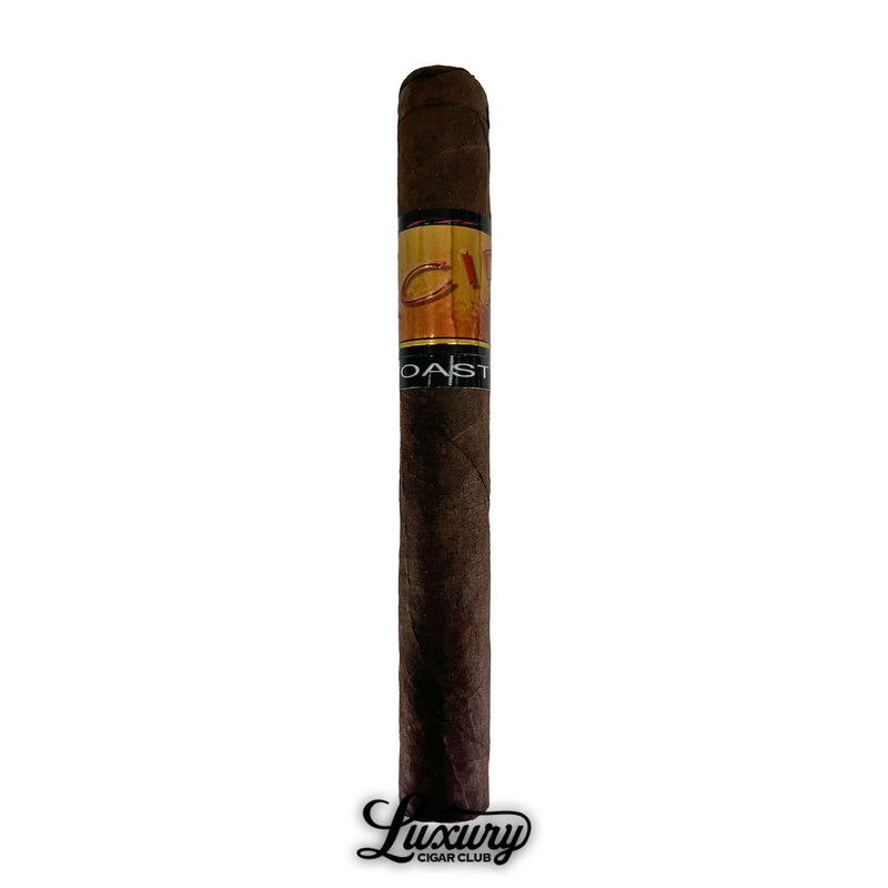 Single Acid Subculture Toast cigar with dark brown wrapper and orange-brown holographic band, Luxury Cigar Club logo