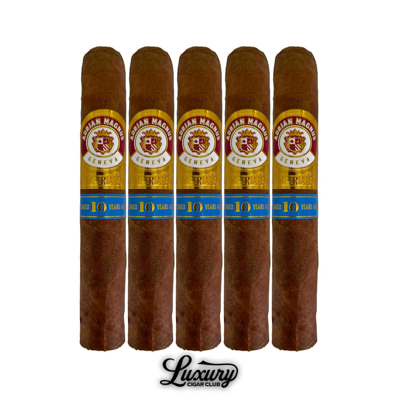 Five Adrian Magnus Imperials Robusto cigars aged 10 years, displayed in a neat bundle for premium cigar aficionados.