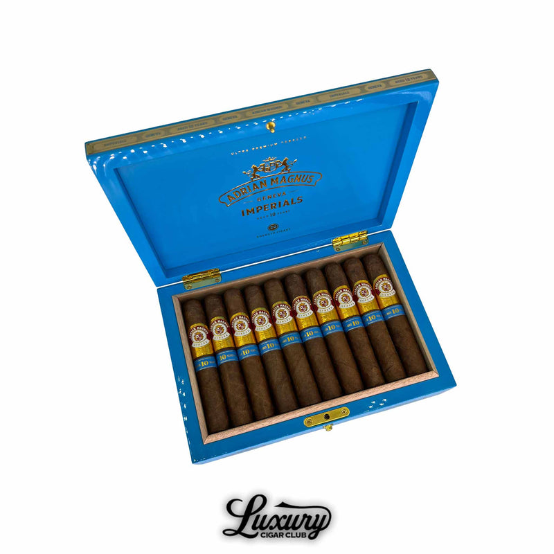 Luxury Cigar Club box of Adrian Magnus Imperials Robusto cigars aged 10 years, presented in a striking blue box with gold accents.