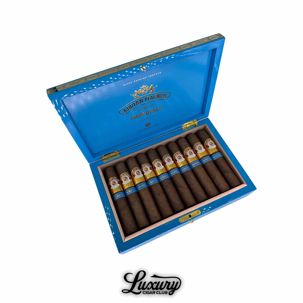 Adrian Magnus Imperial Wide Churchill cigars displayed in an open bright blue box, premium handmade cigars from Luxury Cigar Club.