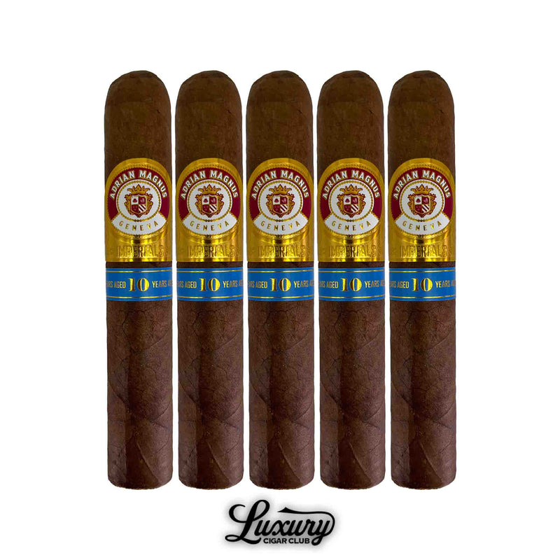 Premium Adrian Magnus Imperials Wide Churchill cigars aged 10 years, displayed in a set of five with bold gold and blue bands.