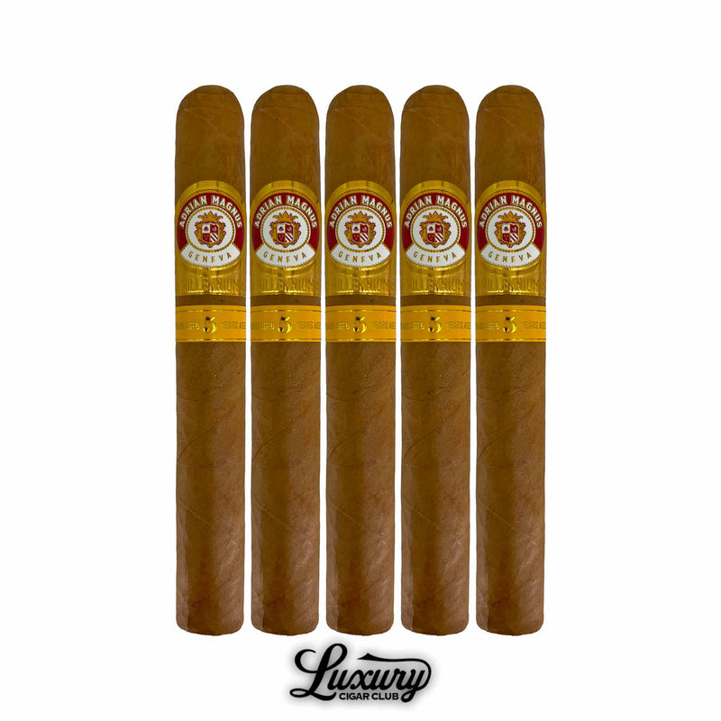 Close-up of five Adrian Magnus Millennium Gran Toro cigars with golden bands, featuring a smooth natural wrapper, elegantly lined up.