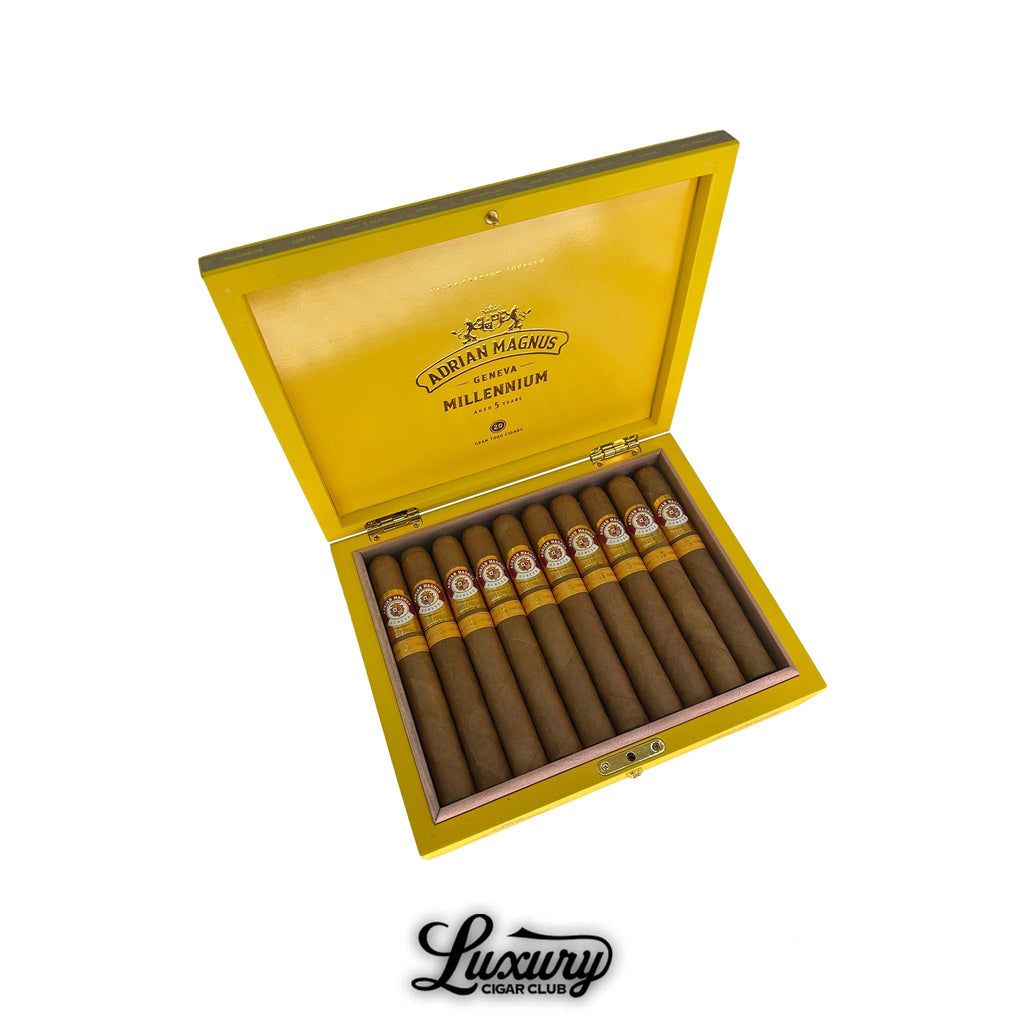 Adrian Magnus Millennium Gran Toro cigars aged 5 years, displayed in an elegant yellow luxury box from Luxury Cigar Club.
