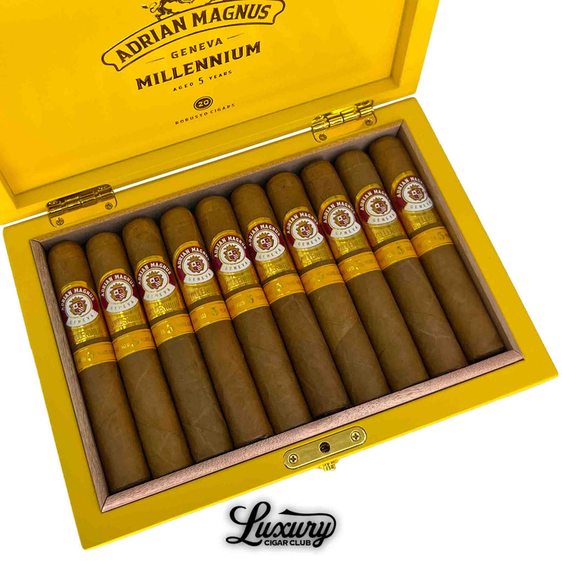 Angled view of Adrian Magnus Millennium Robusto 20-count box in bright yellow finish, featuring premium hand-rolled cigars, Luxury Cigar Club exclusive.