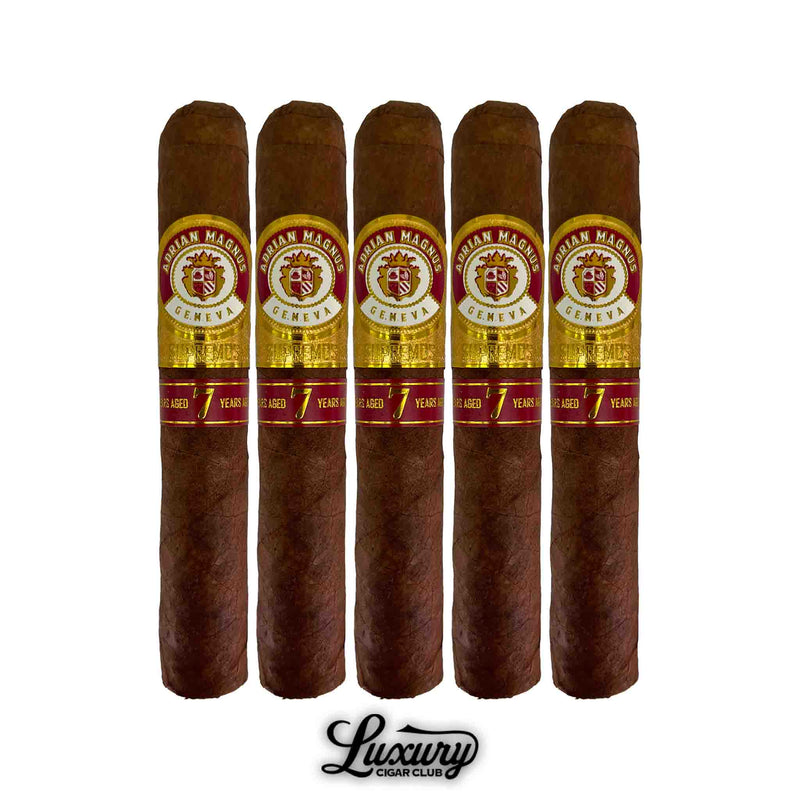 Five Adrian Magnus Supremos Robusto cigars, aged 7 years, with rich brown wrappers and striking gold and red bands.