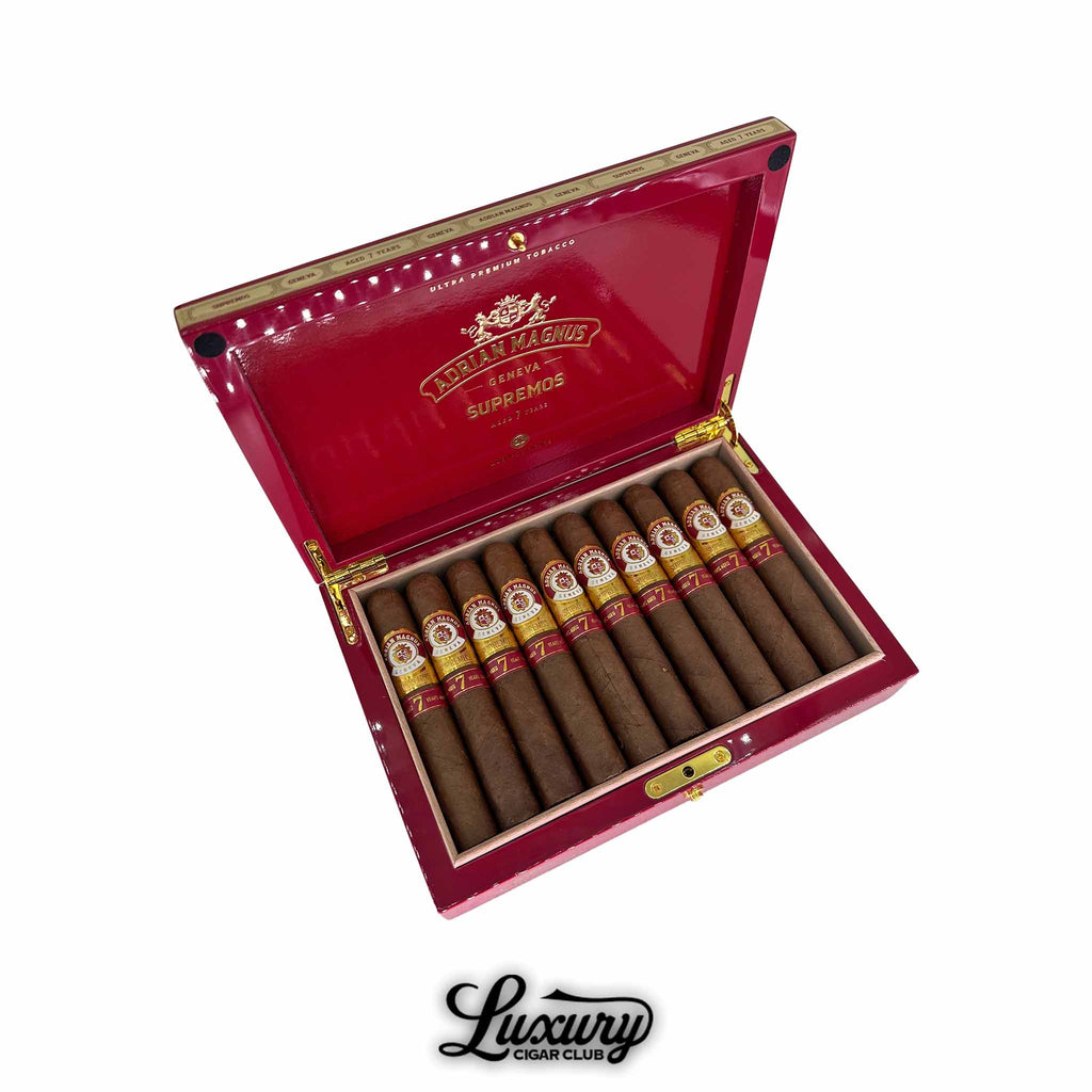 Adrian Magnus Supremos Robusto cigars displayed in an elegant red box, ultra-premium Geneva blend, available from Luxury Cigar Club.