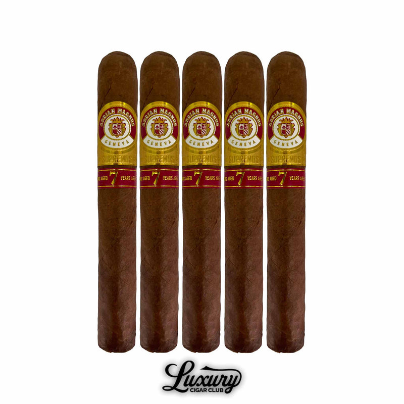 Adrian Magnus Supremos Toro 7-year aged cigars in a 5-pack, featuring rich brown wrappers and gold-red embossed bands – Luxury Cigar Club selection.