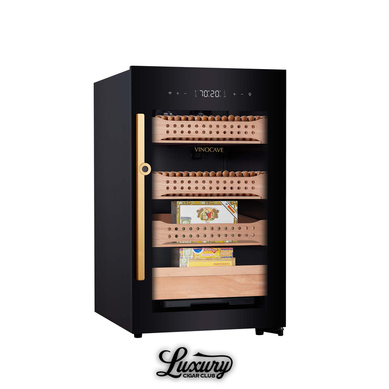 Side view of Afidano CWC-120AH cigar humidor cabinet with cedar drawers, digital display, and premium cigar boxes at Luxury Cigar Club.