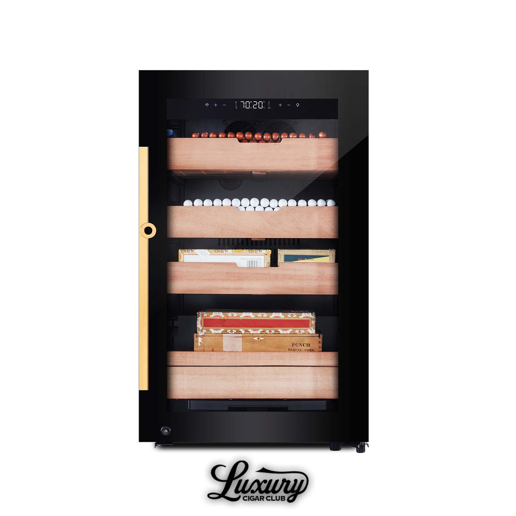 Afidano CWC-120AH cigar humidor cabinet with cedar shelves, premium cigar boxes, digital temperature display, and sleek design at Luxury Cigar Club.