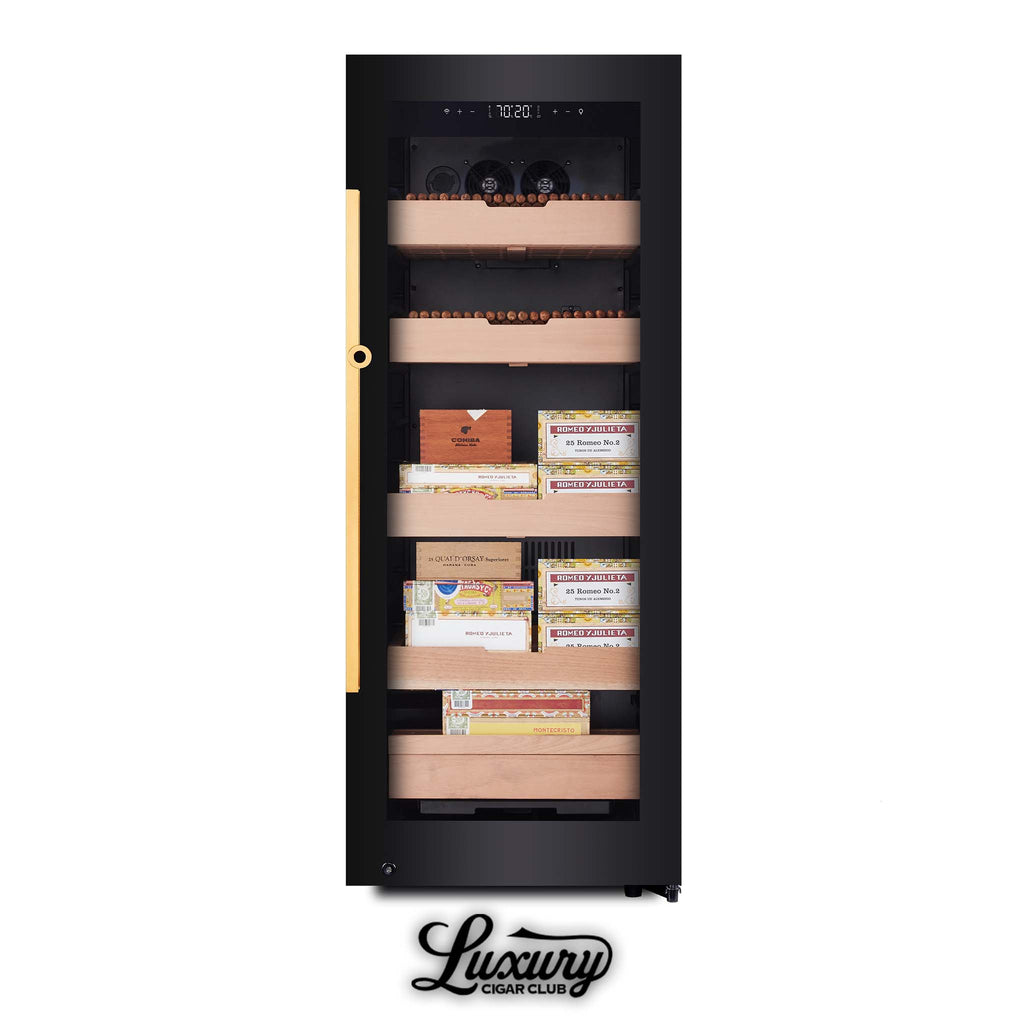 Afidano CWC-200AH cigar humidor cabinet stocked with premium cigar boxes, cedar shelves, and digital temperature control display, available at Luxury Cigar Club.