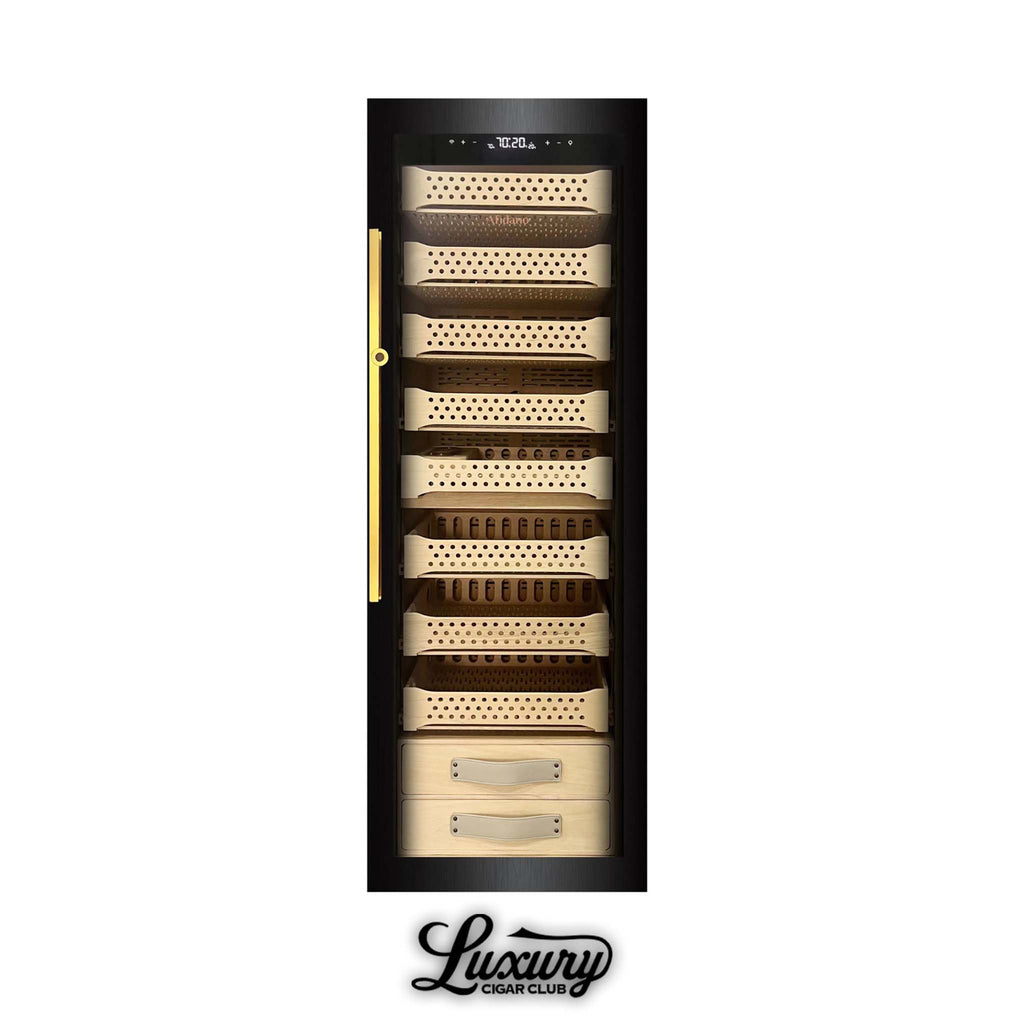 Afidano JC-376A2 cigar humidor cabinet with multiple Spanish cedar drawers, black frame, gold handle, Luxury Cigar Club.