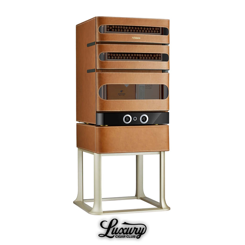 Angled view of Afidano L3 luxury cigar humidor with leather exterior, digital display, and glass drawers, sold by Luxury Cigar Club.
