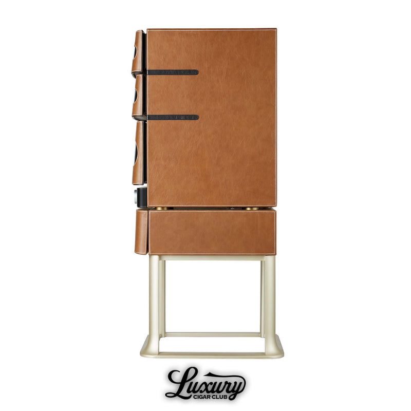 Side view of Afidano L3 premium cigar humidor with modern leather finish and elegant stand, featured by Luxury Cigar Club.