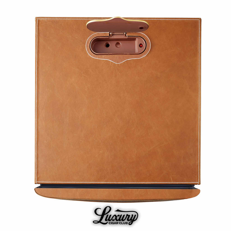 Detailed view of Afidano L3 cigar humidor’s open water refill port, luxury leather finish by Luxury Cigar Club.