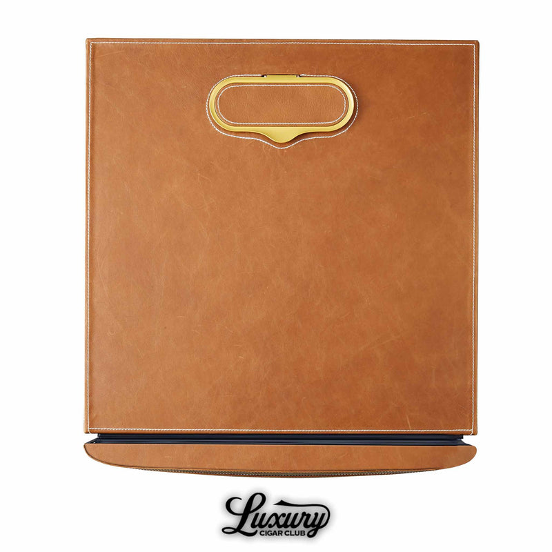 Close-up detail of Afidano L3 cigar humidor’s leather water refill section, shown by Luxury Cigar Club.