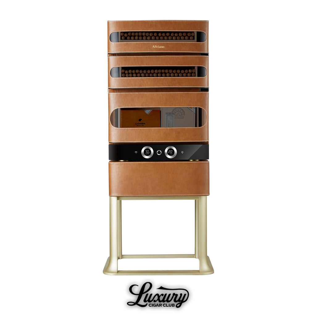 Afidano L3 luxury cigar humidor with premium leather finish, digital controls, and glass front drawers, available at Luxury Cigar Club.