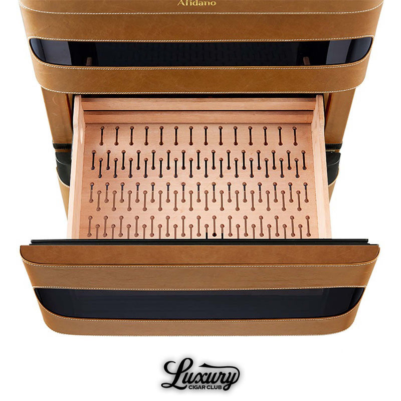 Afidano L5 cigar humidor open cedar drawer with perforated ventilation design, premium storage detail from Luxury Cigar Club.